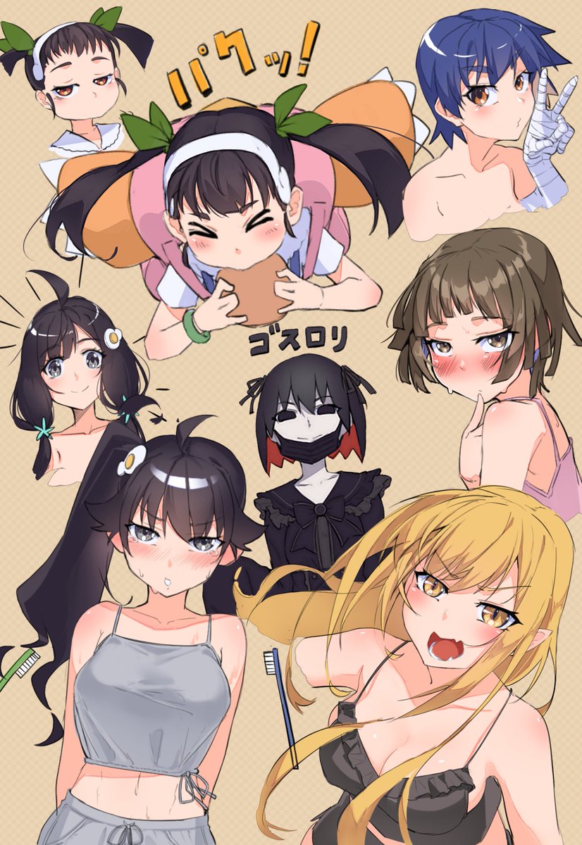 oshino shinobu, sengoku nadeko, hachikuji mayoi, oshino ougi, araragi karen, and 2 more (monogatari and 2 more) drawn by thomas_(aoakumasan)