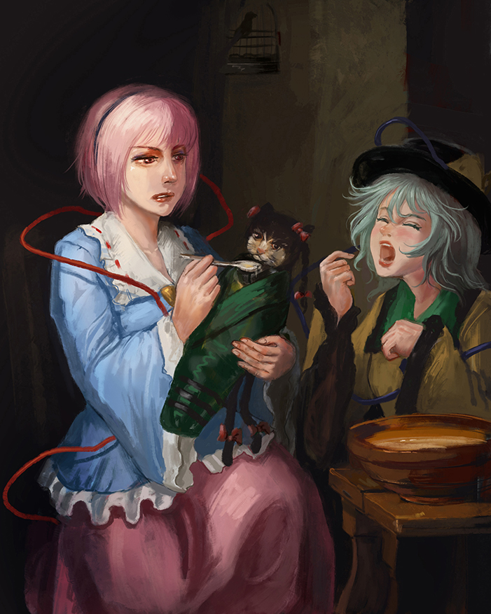 komeiji koishi, komeiji satori, and kaenbyou rin (touhou) drawn by amibazh