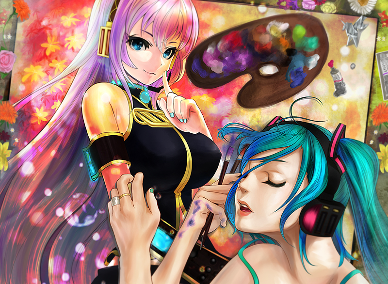hatsune miku and megurine luka (vocaloid) drawn by ekoda_(piapro)