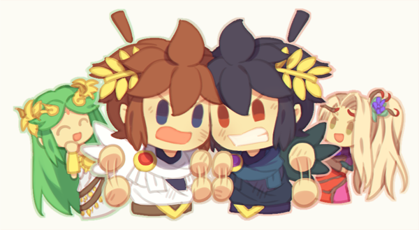 palutena, pit, dark pit, and viridi (kid icarus and 1 more) drawn by wusagi2
