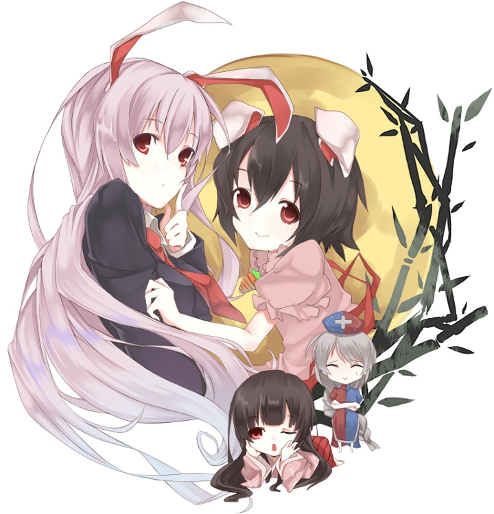 reisen udongein inaba, houraisan kaguya, inaba tewi, and yagokoro eirin (touhou) drawn by sasaki_kouhei