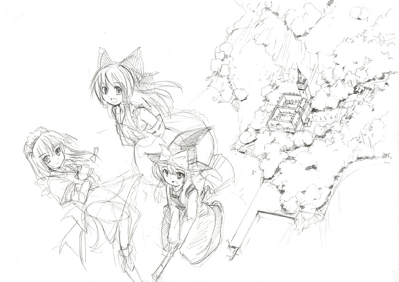 hakurei reimu, kirisame marisa, and izayoi sakuya (touhou) drawn by seo_tatsuya