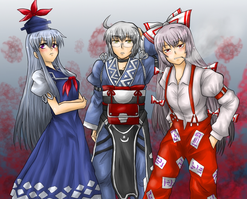 fujiwara no mokou, kamishirasawa keine, and morichika rinnosuke (touhou) drawn by enokuma_uuta