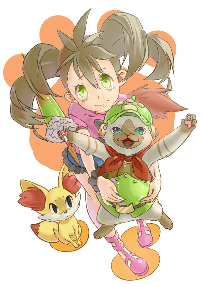 fennekin, shauna, and player palico (pokemon and 3 more) drawn by nokuran