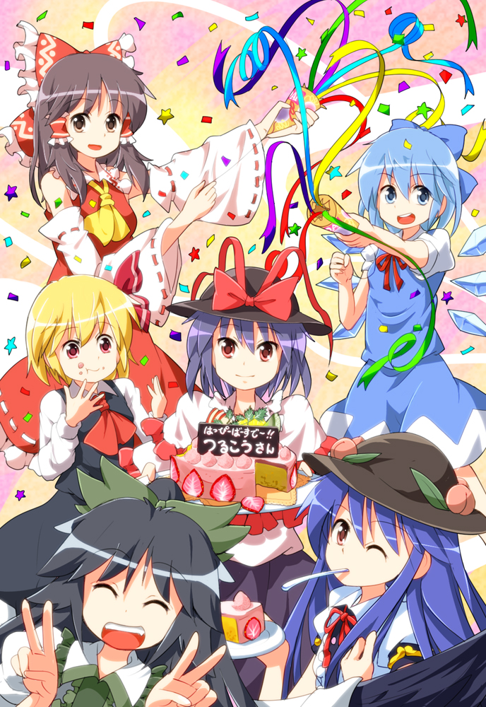 hakurei reimu, cirno, rumia, reiuji utsuho, hinanawi tenshi, and 1 more (touhou) drawn by ruu_(tksymkw)
