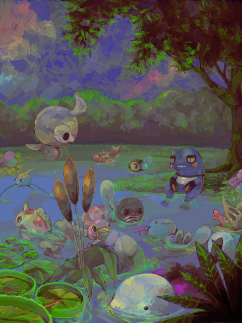 magikarp, wooper, quagsire, poliwag, goldeen, and 6 more (pokemon) drawn by kanami33