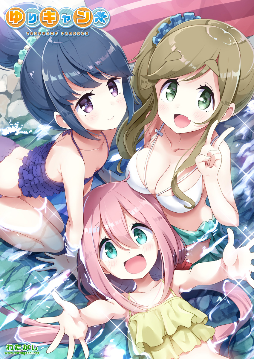 shima rin, kagamihara nadeshiko, and inuyama aoi (yurucamp) drawn by kakao_(watagashi)