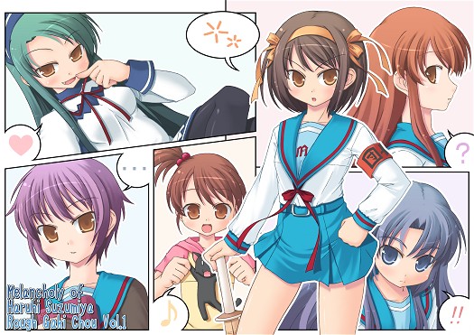 suzumiya haruhi, nagato yuki, asahina mikuru, asakura ryoko, tsuruya, and 1 more (suzumiya haruhi no yuuutsu) drawn by amamiya_minato