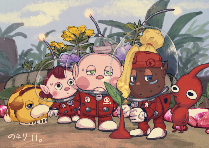 red pikmin, rescue officer, oatchi, shepherd, and collin (pikmin and 1 more) drawn by usuba_(hatomugip)