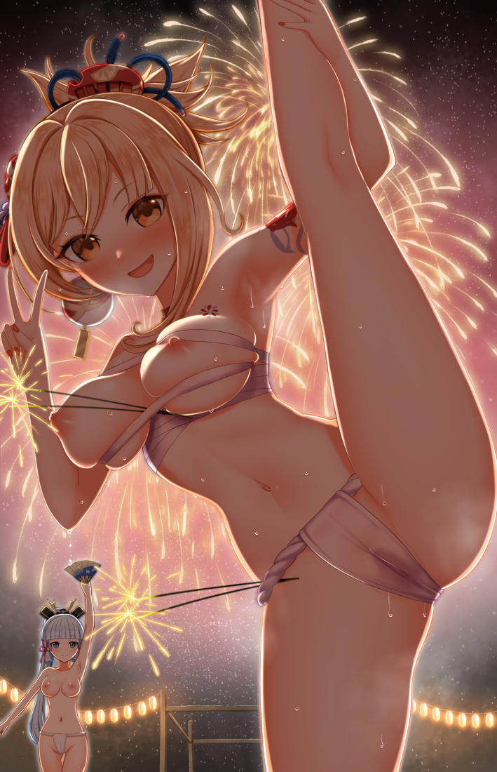 kamisato ayaka and yoimiya (genshin impact) drawn by denkaisui