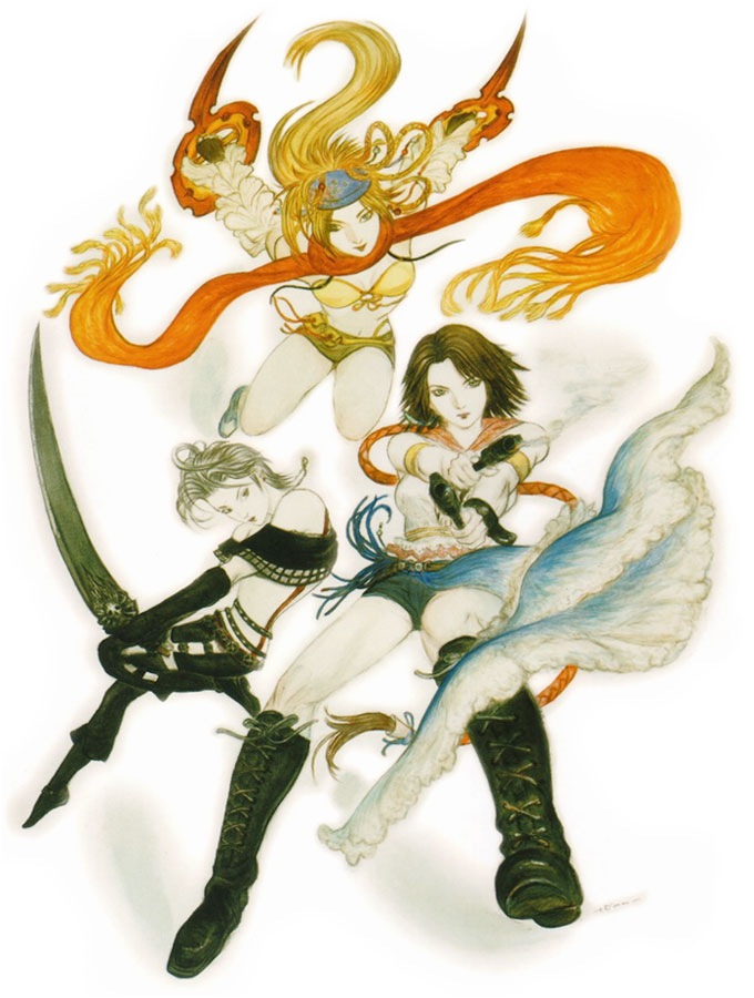 yuna, rikku, thief, gunner, and paine (final fantasy and 2 more) drawn by amano_yoshitaka