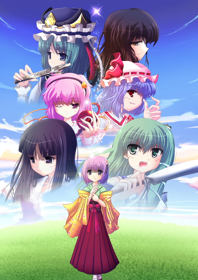 remilia scarlet, kochiya sanae, komeiji satori, houraisan kaguya, hijiri byakuren, and 2 more (touhou) drawn by windfeathers