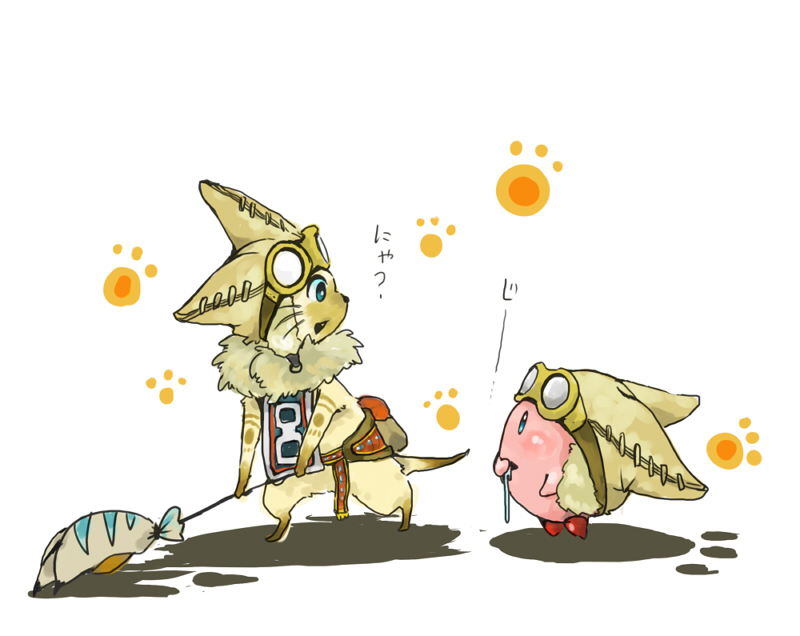 kirby and felyne (monster hunter and 1 more) drawn by uzaki_(jiro)