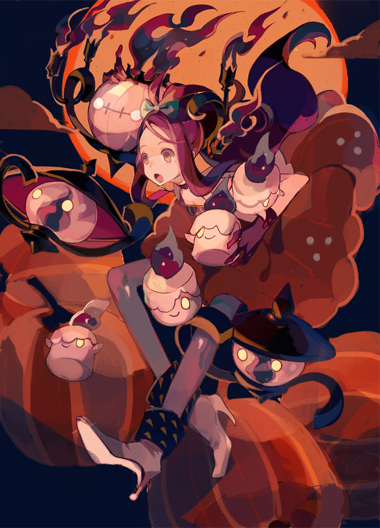 hilda, litwick, chandelure, and lampent (pokemon and 1 more) drawn by clea_(geee13)