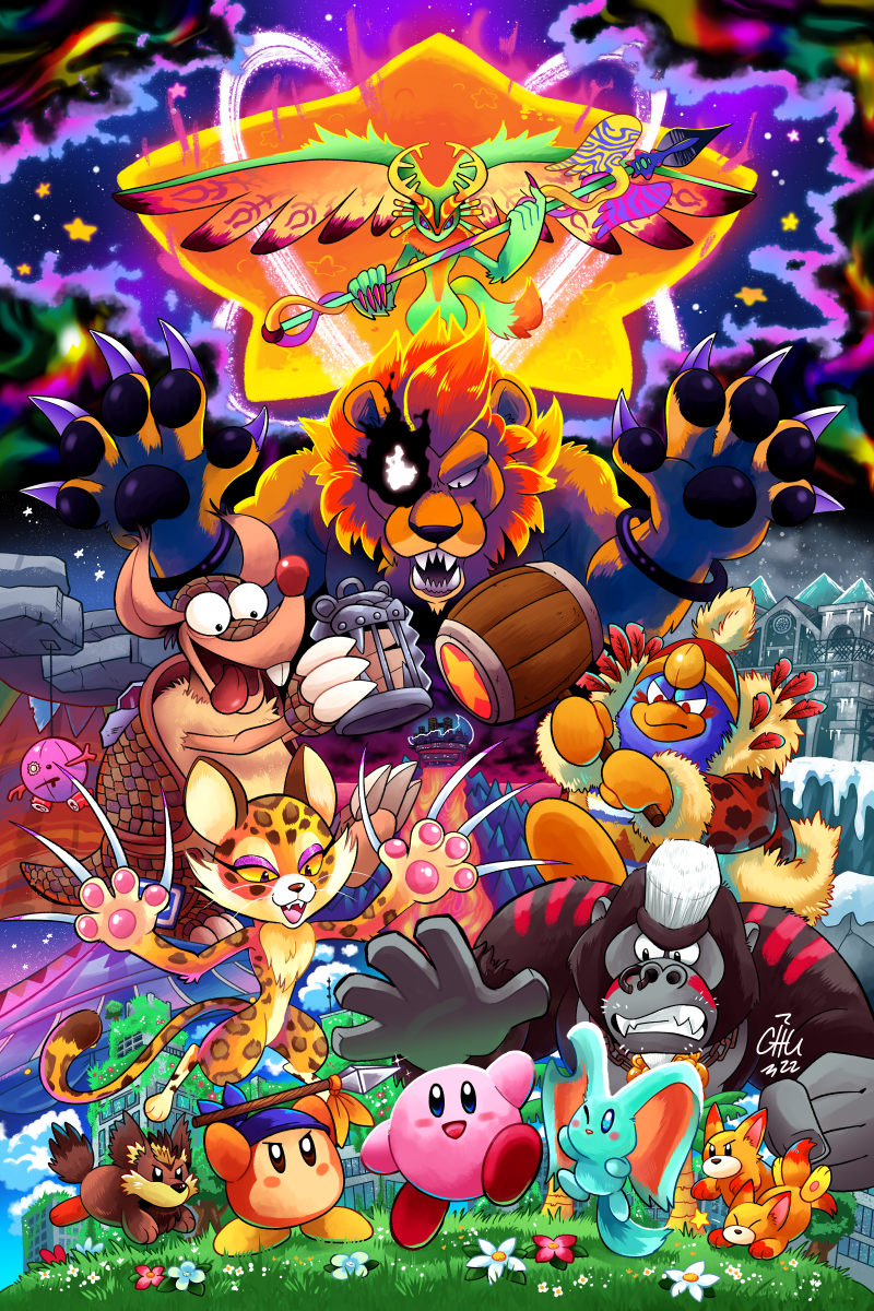 kirby, king dedede, bandana waddle dee, elfilin, fecto elfilis, and 6 more (kirby and 1 more) drawn by chu_(raizap)