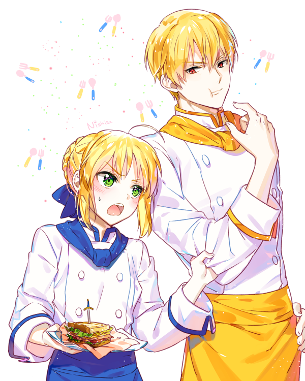artoria pendragon, saber, and gilgamesh (fate and 1 more) drawn by nishita