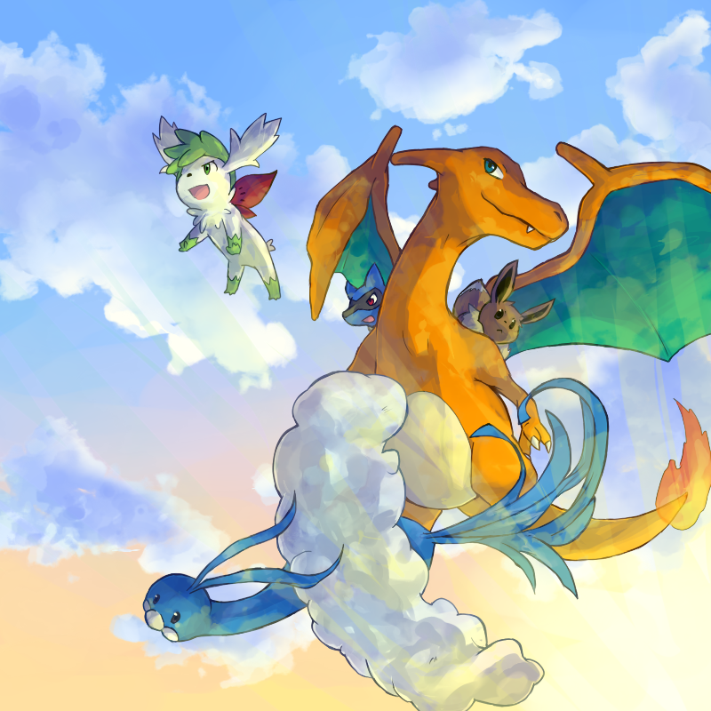 eevee, charizard, altaria, shaymin, and riolu (pokemon) drawn by siraio