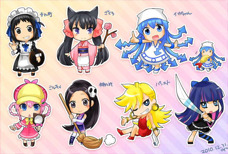stocking, panty, ikamusume, sherlock shellingford, elysia de lute ima, and 3 more (panty & stocking with garterbelt and 5 more) drawn by oyuyamio
