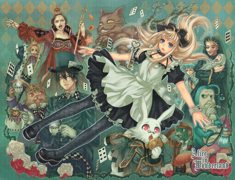 alice, white rabbit, cheshire cat, mad hatter, march hare, and 2 more (alice's adventures in wonderland) drawn by hatake_michi