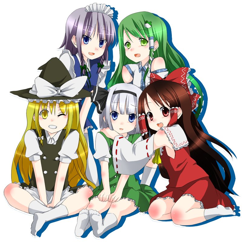 hakurei reimu, kirisame marisa, izayoi sakuya, kochiya sanae, and konpaku youmu (touhou and 1 more) drawn by ruchi
