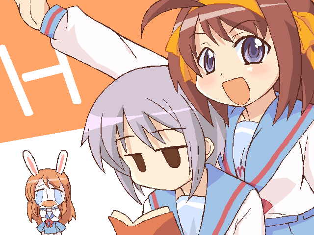 suzumiya haruhi, nagato yuki, asahina mikuru, katagiri himeko, mesousa, and 1 more (suzumiya haruhi no yuuutsu and 1 more) drawn by 9law