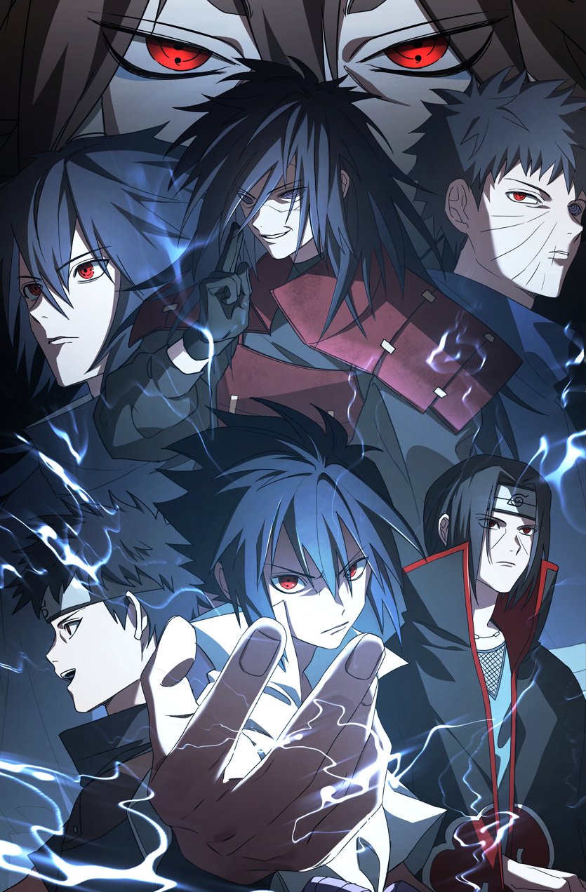 uchiha sasuke, uchiha itachi, uchiha obito, uchiha madara, uchiha shisui, and 2 more (naruto and 1 more) drawn by mob4ycho