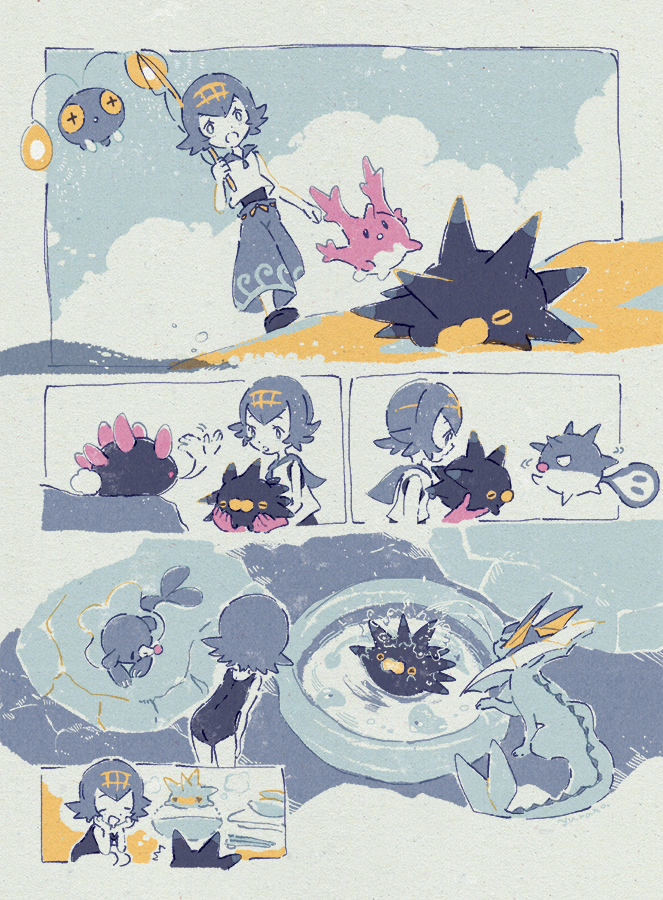 lana, vaporeon, popplio, luvdisc, pyukumuku, and 4 more (pokemon and 1 more) drawn by yurano_(upao)