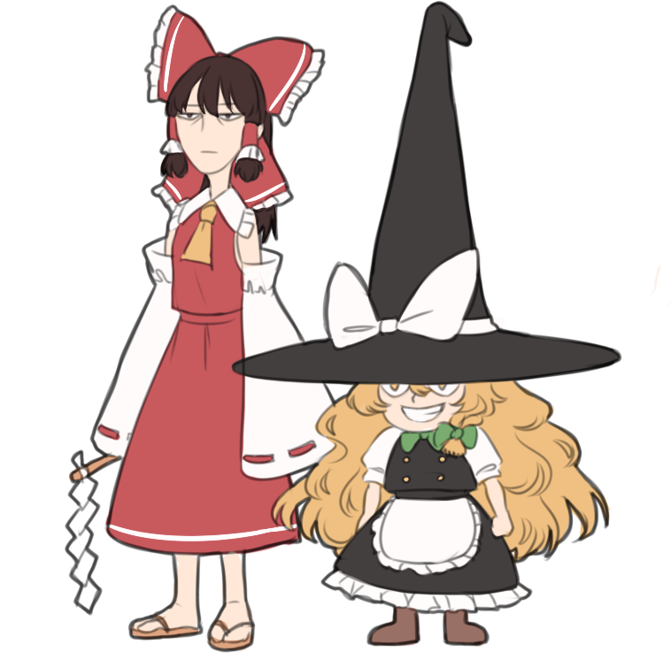hakurei reimu and kirisame marisa (touhou) drawn by mefomefo