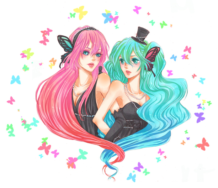 hatsune miku and megurine luka (vocaloid and 1 more) drawn by imai_(wana)