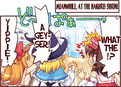 hakurei reimu, kirisame marisa, and ibuki suika (touhou) drawn by mochiya_marosuke