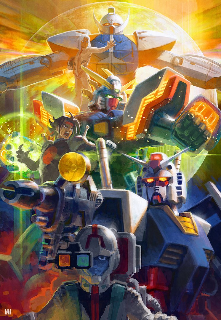 rx-78-2 gundam, amuro ray, turn a gundam, loran cehack, domon kasshu, and 1 more (gundam and 3 more) drawn by fmu