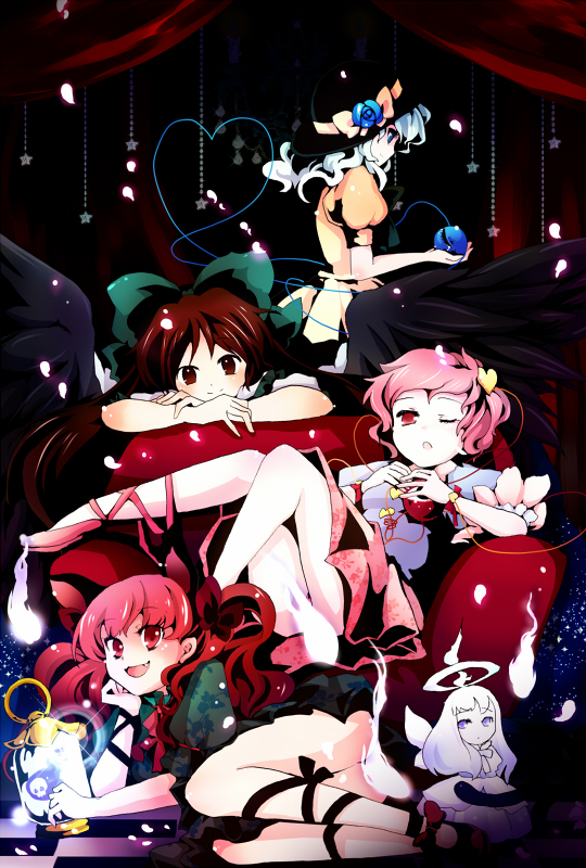 remilia scarlet, komeiji koishi, komeiji satori, kaenbyou rin, reiuji utsuho, and 1 more (touhou) drawn by hanada_hyou