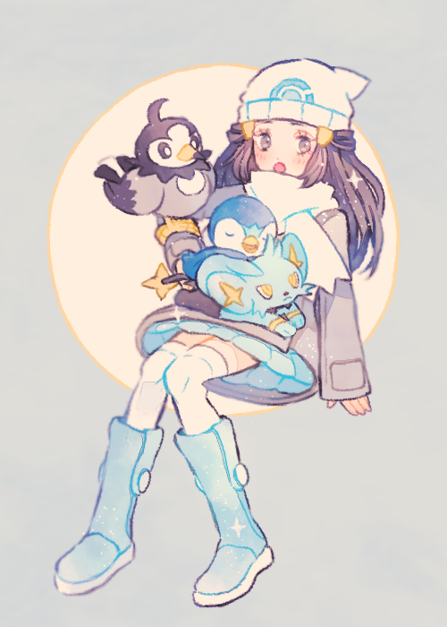 dawn, piplup, shinx, and starly (pokemon and 2 more) drawn by ryokuno_green