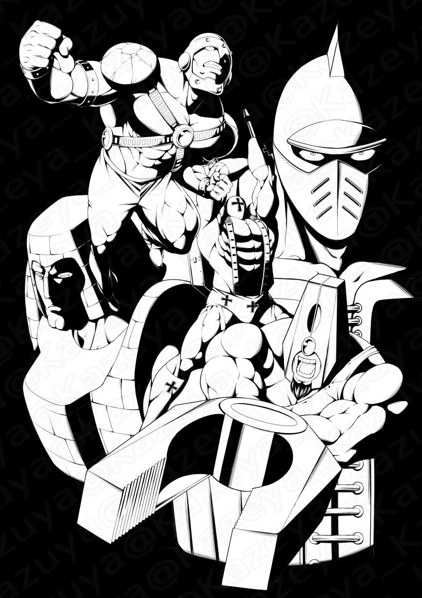 leopardon, kinnikuman big body, pinchman, golemman, and cannonballer (kinnikuman) drawn by kazeya_kazuya