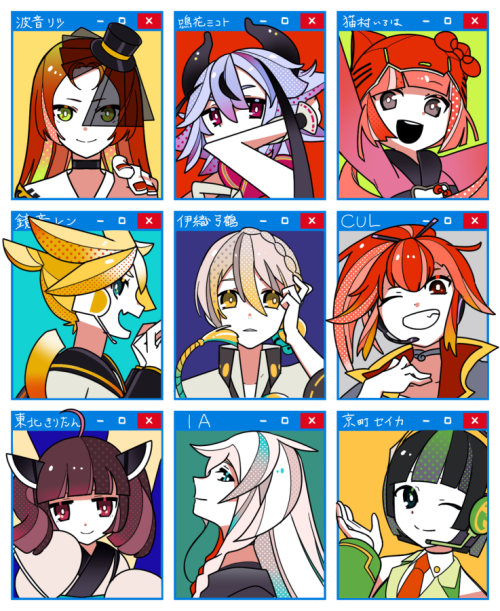 kagamine len, touhoku kiritan, ia, meika mikoto, kyoumachi seika, and 4 more (vocaloid and 3 more) drawn by machigami_yoh