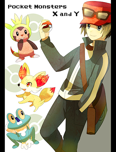 calem, fennekin, chespin, and froakie (pokemon and 1 more) drawn by himari_g_(sr)