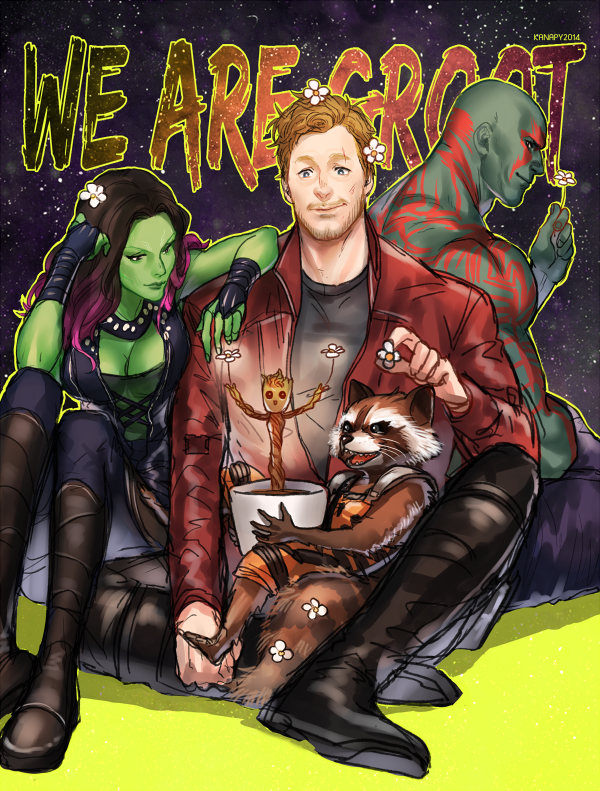 rocket raccoon, peter quill, groot, gamora, and drax the destroyer (marvel and 2 more) drawn by onegingek