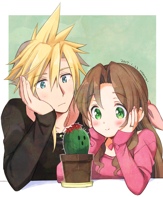 cloud strife, aerith gainsborough, and sabotender (final fantasy and 1 more) drawn by krudears