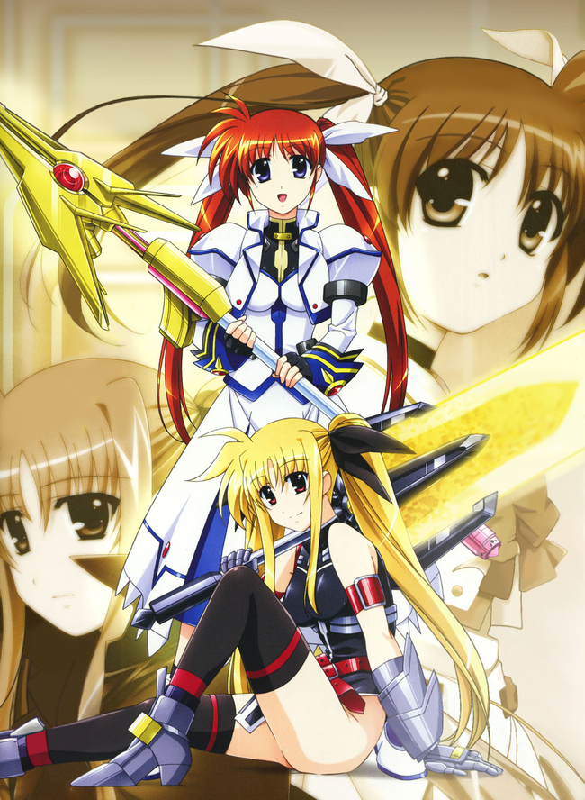 fate testarossa, takamachi nanoha, raising heart, and bardiche (lyrical nanoha and 1 more) drawn by okuda_yasuhiro