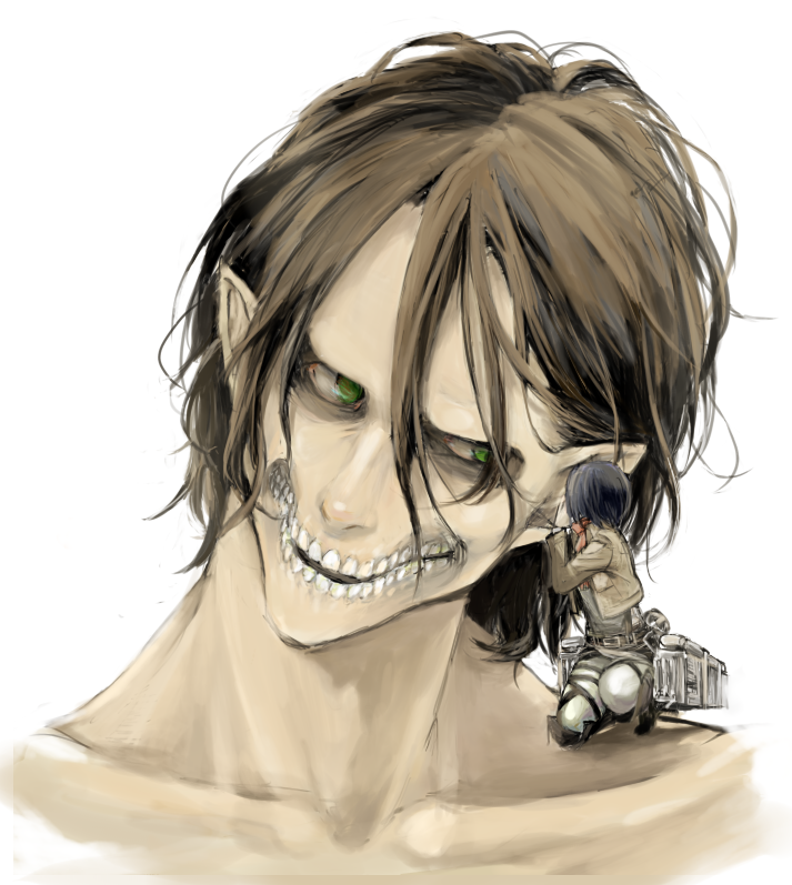 mikasa ackerman, titan, and rogue titan (shingeki no kyojin) drawn by qaswed
