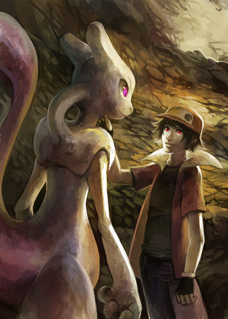 red and mewtwo (pokemon and 1 more) drawn by glitchedpuppet