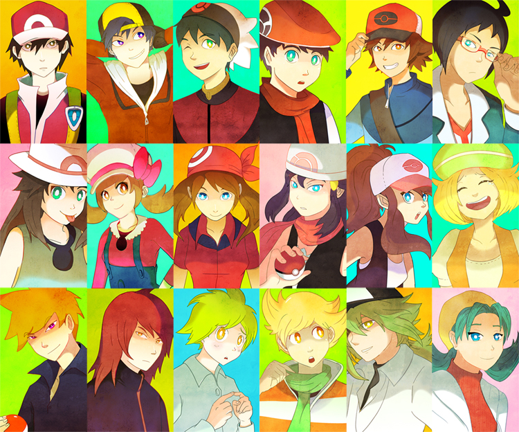 dawn, may, hilda, red, ethan, and 13 more (pokemon and 7 more) drawn by omocat