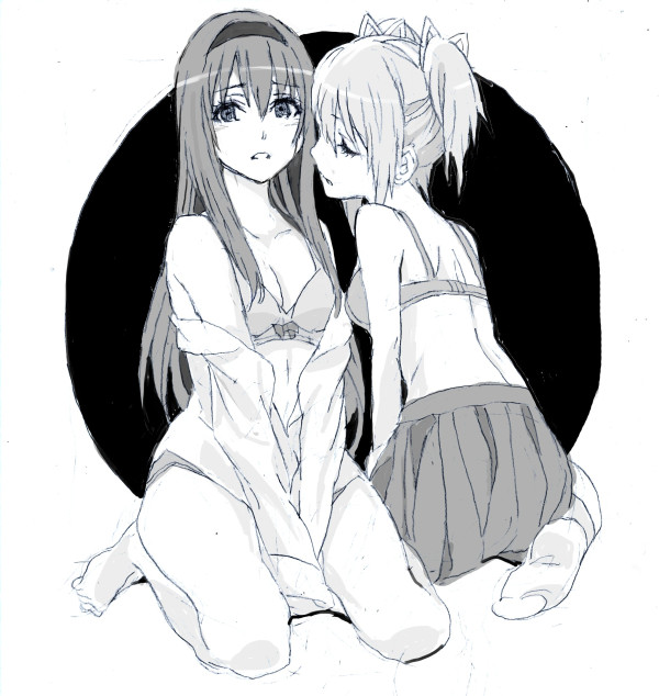 akemi homura and kaname madoka (mahou shoujo madoka magica) drawn by nobita_(makoto7060355)
