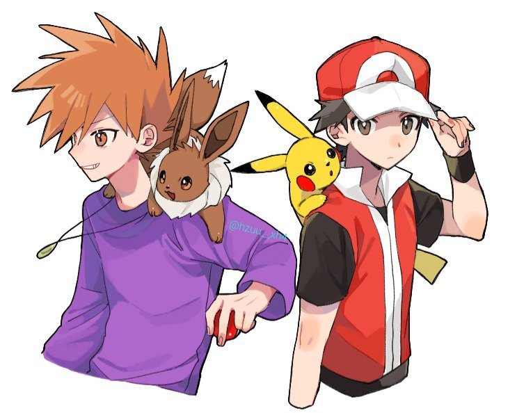 pikachu, red, eevee, and blue oak (pokemon and 2 more) drawn by momotose_(hzuu_xh4)