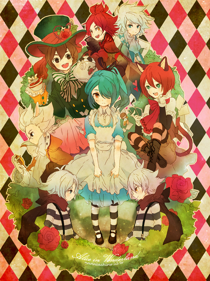 alice, cheshire cat, kazemaru ichirouta, and mad hatter (inazuma eleven and 1 more) drawn by welchino