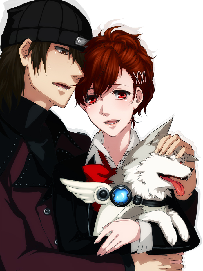 shiomi kotone, aragaki shinjirou, and koromaru (persona and 2 more) drawn by mishina_nao