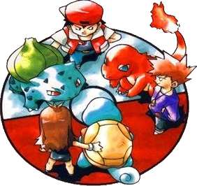 red, blue oak, bulbasaur, squirtle, charmander, and 1 more (pokemon and 1 more) drawn by sugimori_ken