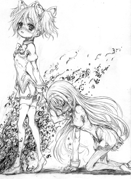 akemi homura and kaname madoka (mahou shoujo madoka magica) drawn by katzeh