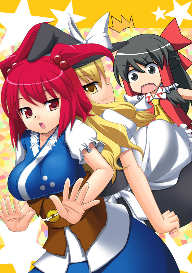 hakurei reimu, kirisame marisa, and onozuka komachi (touhou) drawn by nyaa_(nekohibi)
