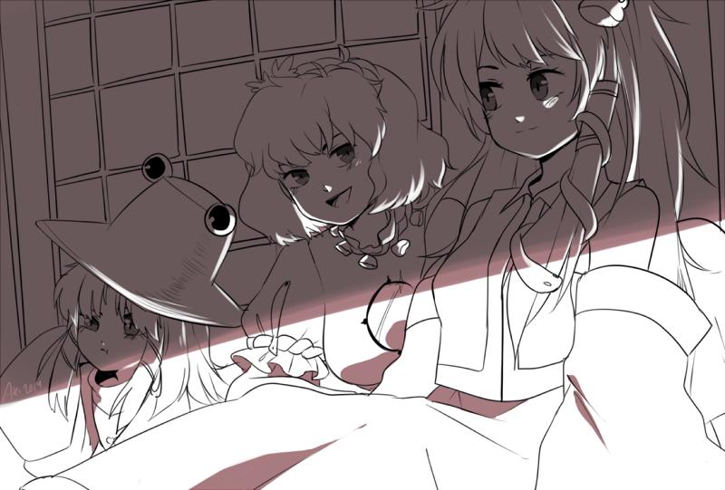 kochiya sanae, moriya suwako, and yasaka kanako (touhou) drawn by jeto_(jetopyon)